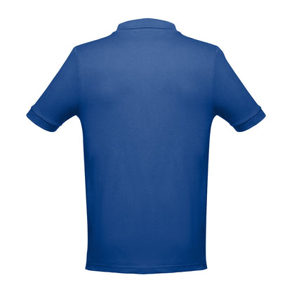 THC ADAM promotional polo shirt in royal blue (detail view) with custom logo branding