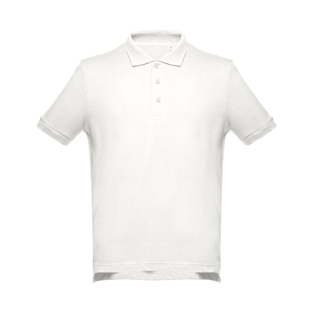 THC ADAM promotional polo shirt in pastel white (detail view) with custom logo branding