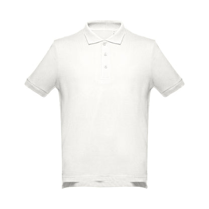 THC ADAM promotional polo shirt in pastel white (detail view) with custom logo branding