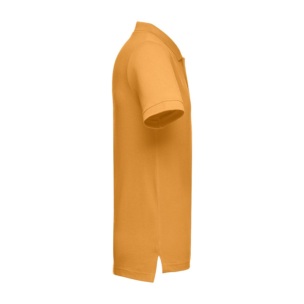 THC ADAM promotional polo shirt in dark yellow (detail view) with custom logo branding