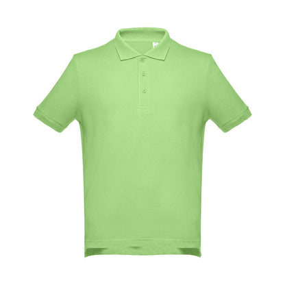 THC ADAM promotional polo shirt in light green (detail view) with custom logo branding