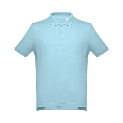 THC ADAM promotional polo shirt in light blue (detail view) with custom logo branding
