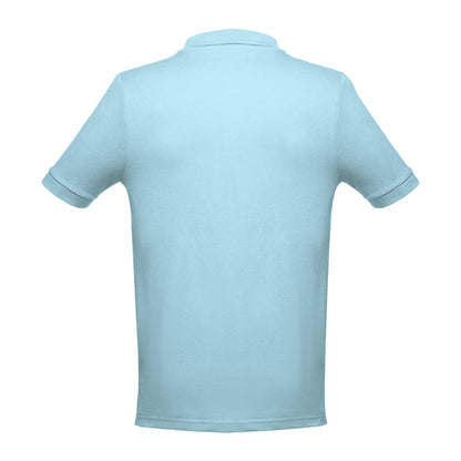 THC ADAM promotional polo shirt in light blue (detail view) with custom logo branding