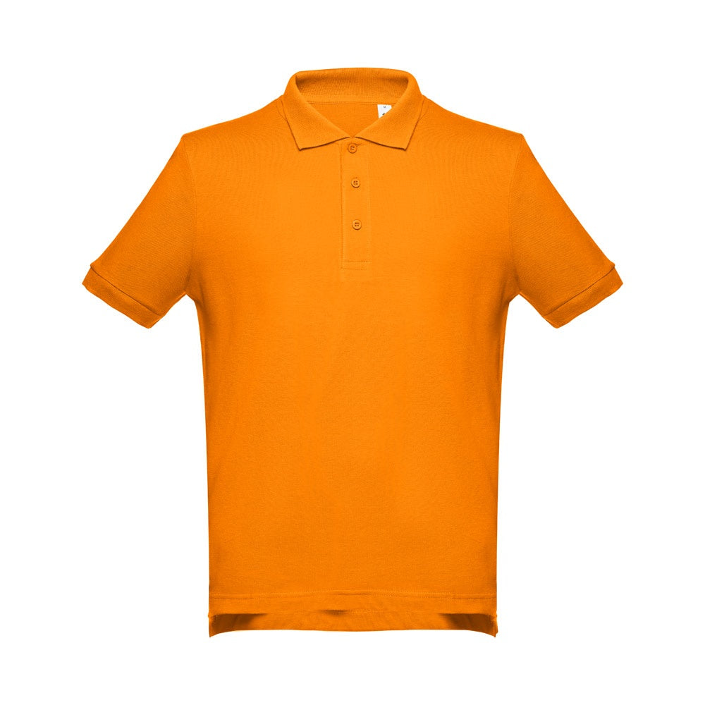 THC ADAM promotional polo shirt in orange (detail view) with custom logo branding