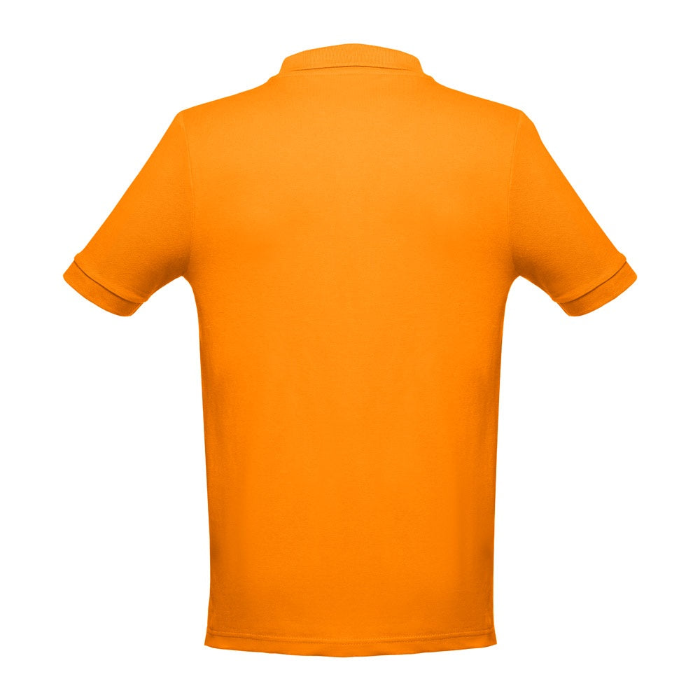 THC ADAM promotional polo shirt in orange (detail view) with custom logo branding