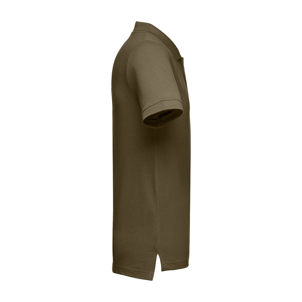 THC ADAM promotional polo shirt in army green (detail view) with custom logo branding