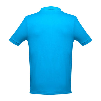 THC ADAM promotional polo shirt in acqua blue (detail view) with custom logo branding