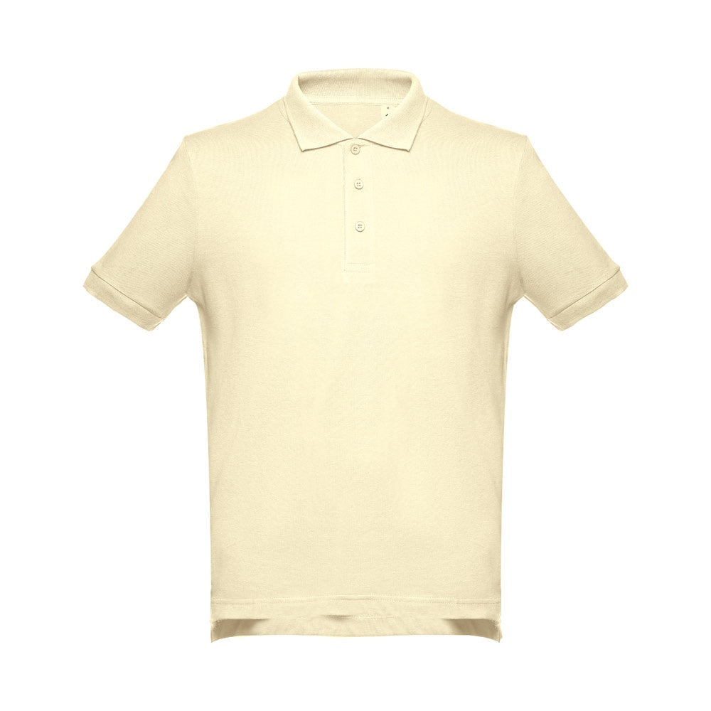THC ADAM promotional polo shirt in pastel yellow (detail view) with custom logo branding