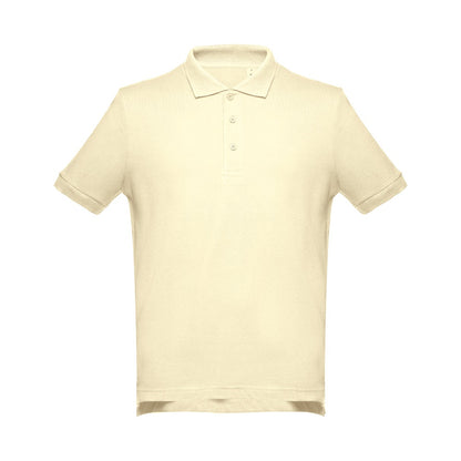 THC ADAM promotional polo shirt in pastel yellow (detail view) with custom logo branding