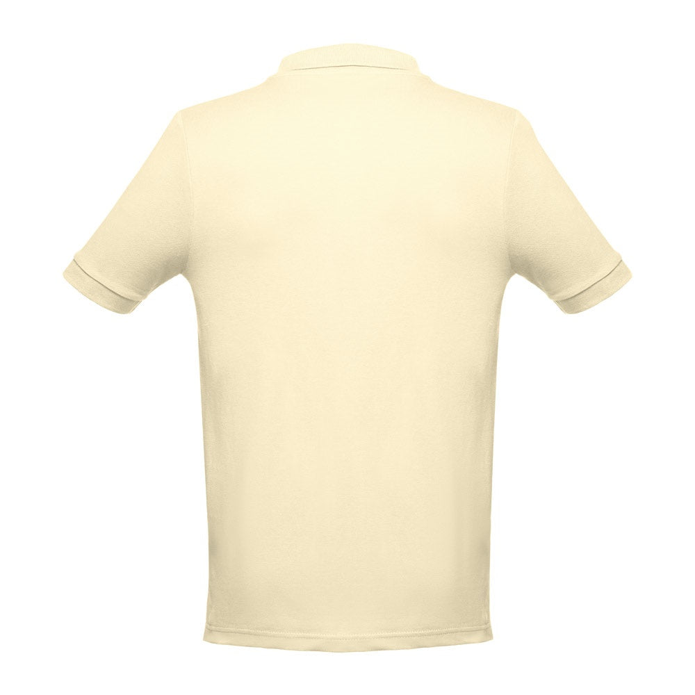 THC ADAM promotional polo shirt in pastel yellow (detail view) with custom logo branding