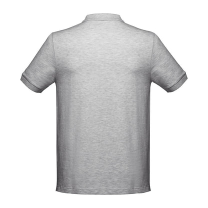 THC ADAM promotional polo shirt in heather light grey (detail view) with custom logo branding