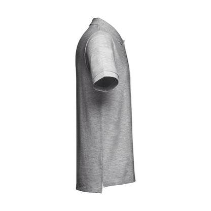 THC ADAM promotional polo shirt in heather light grey (detail view) with custom logo branding