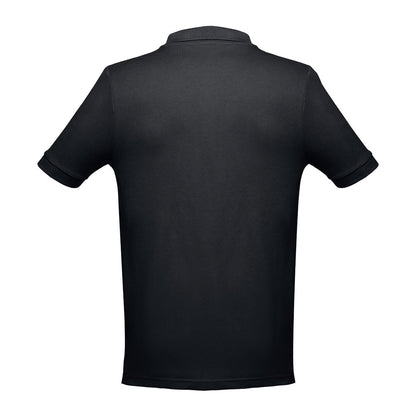 THC ADAM promotional polo shirt in eclipse blue (detail view) with custom logo branding