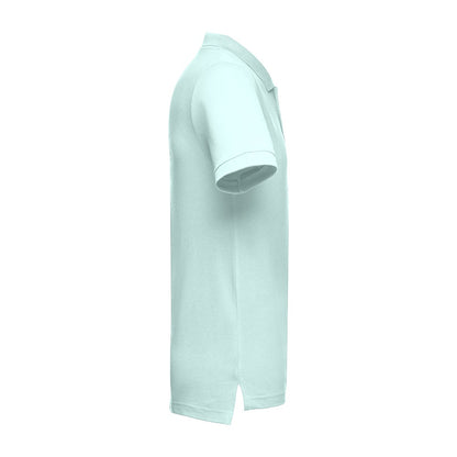 THC ADAM promotional polo shirt in mint green (detail view) with custom logo branding