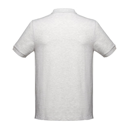 THC ADAM promotional polo shirt in melange white (detail view) with custom logo branding