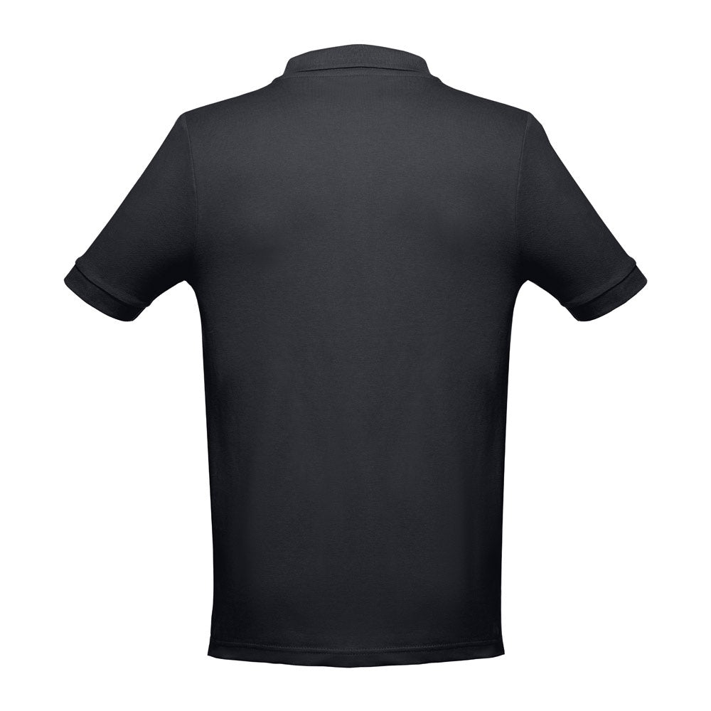 THC ADAM 3XL promotional polo shirt in black (detail view) with custom logo branding