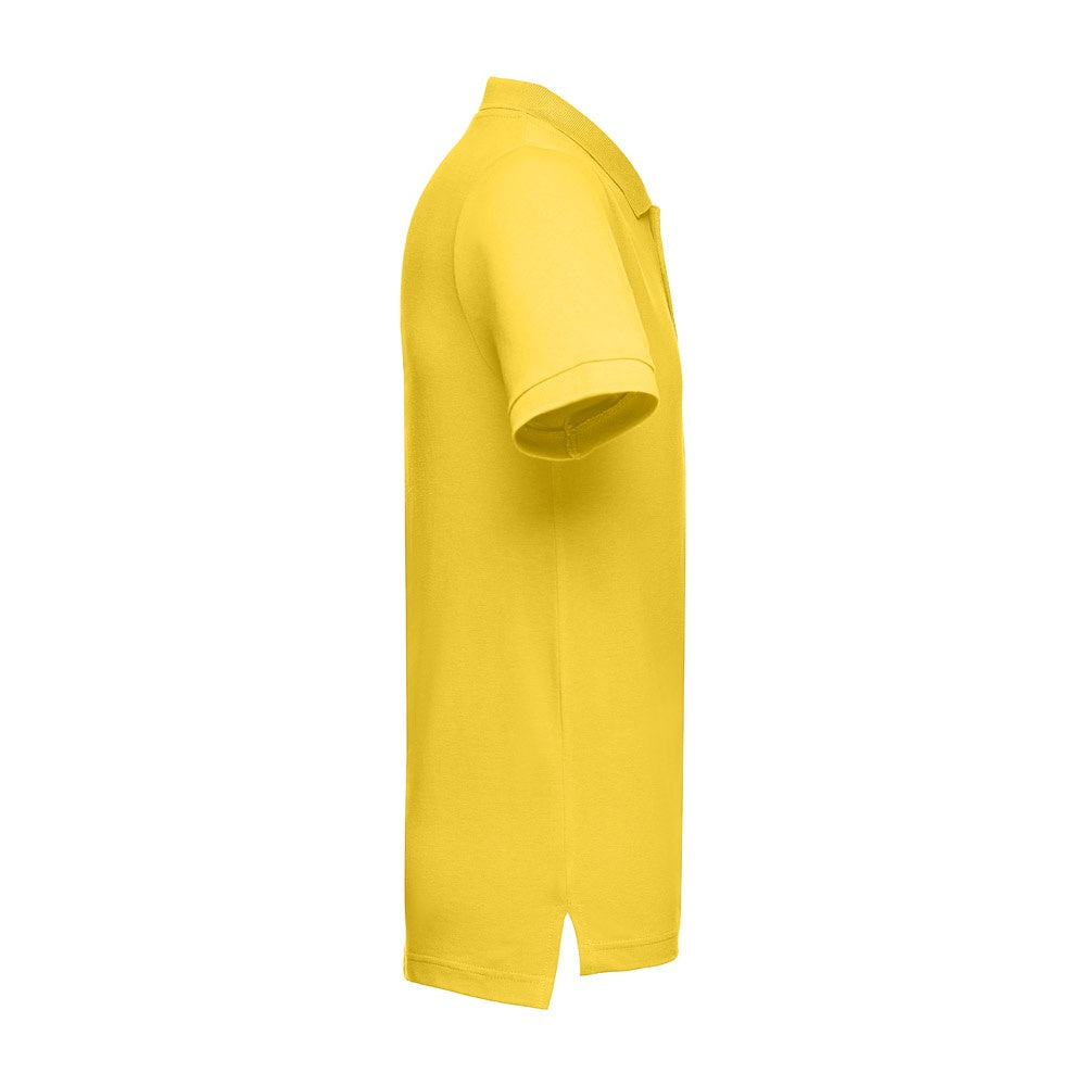 THC ADAM 3XL promotional polo shirt in yellow (detail view) with custom logo branding