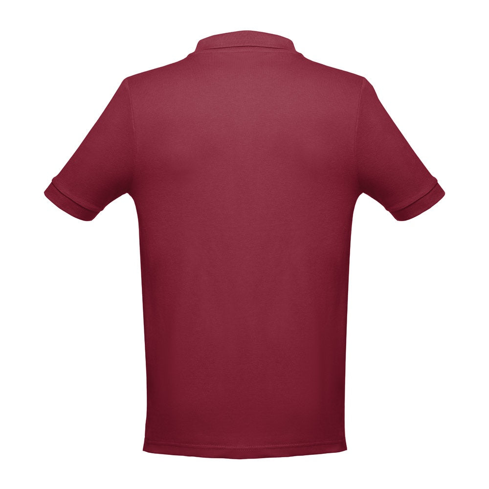 THC ADAM 3XL promotional polo shirt in burgundy (detail view) with custom logo branding