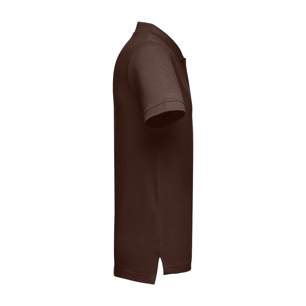 THC ADAM 3XL promotional polo shirt in dark brown (detail view) with custom logo branding