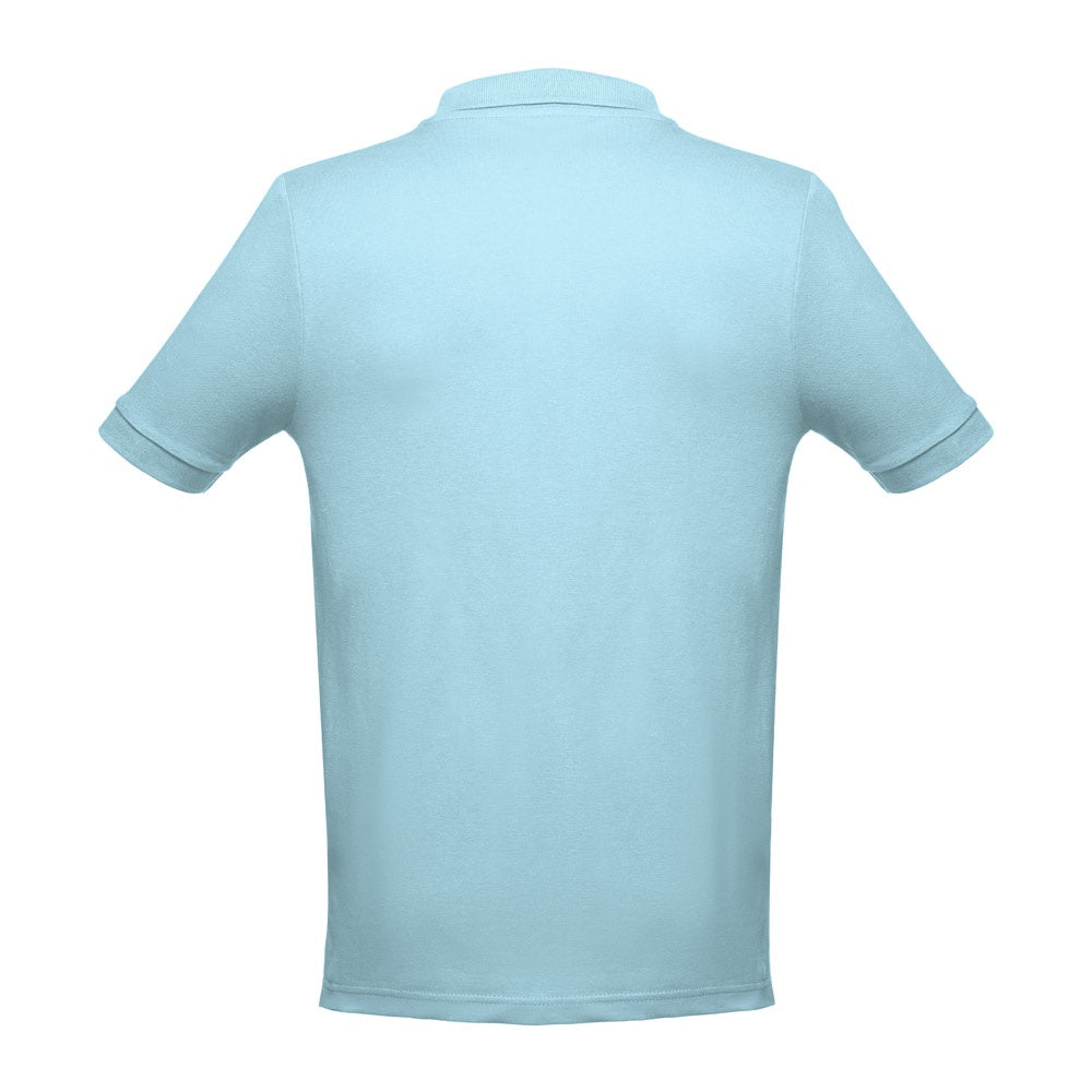 THC ADAM 3XL promotional polo shirt in light blue (detail view) with custom logo branding