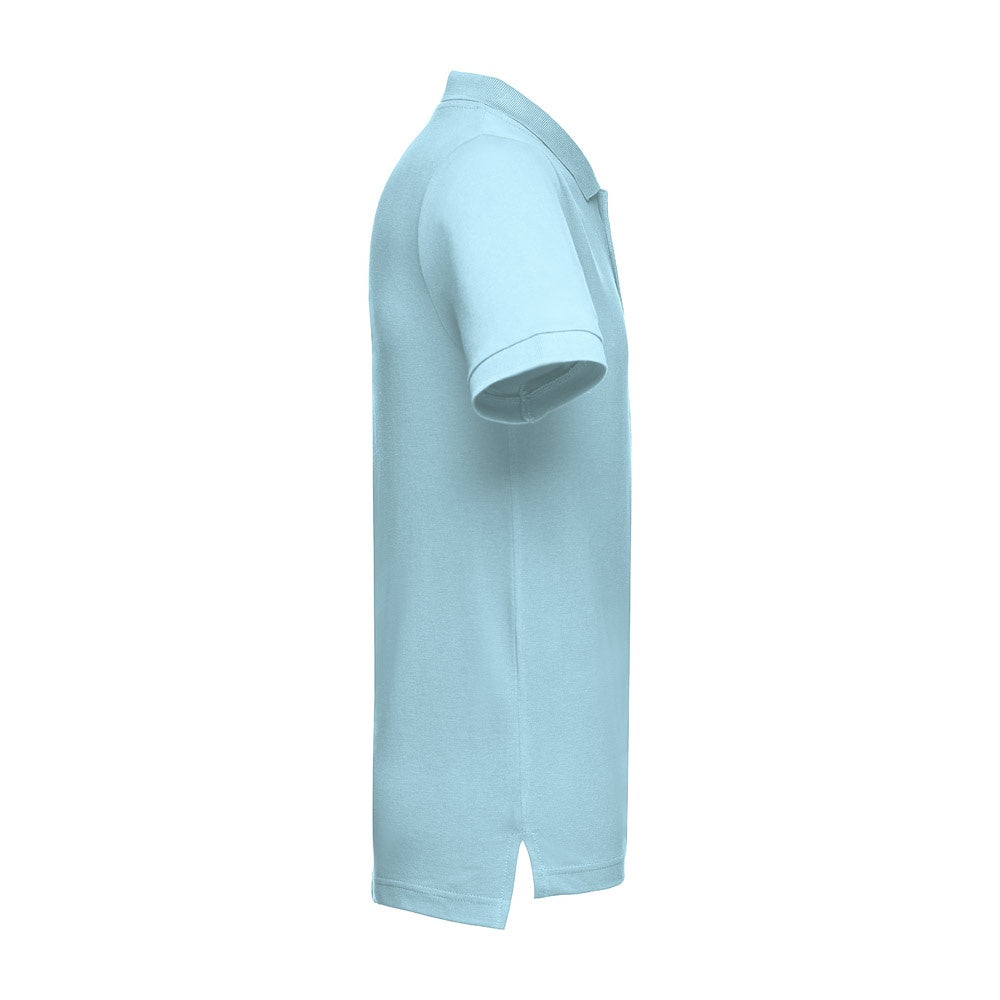 THC ADAM 3XL promotional polo shirt in light blue (detail view) with custom logo branding