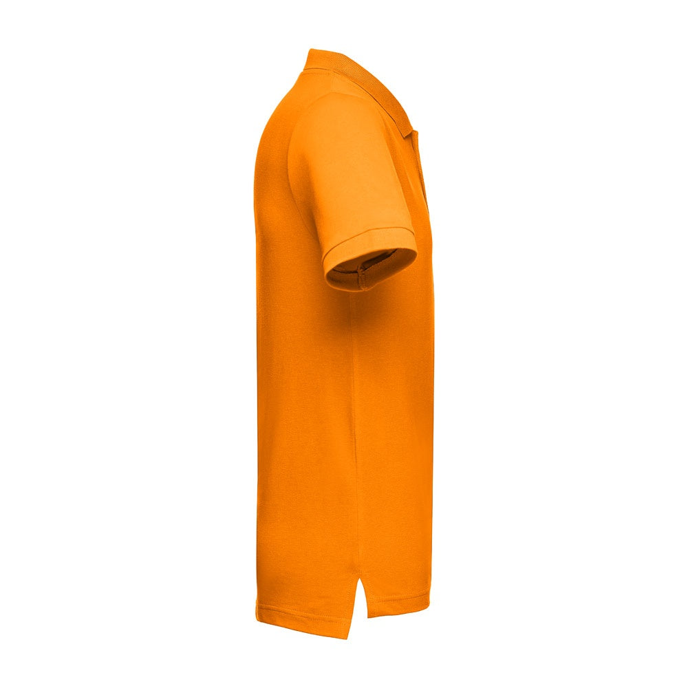 THC ADAM 3XL promotional polo shirt in orange (detail view) with custom logo branding