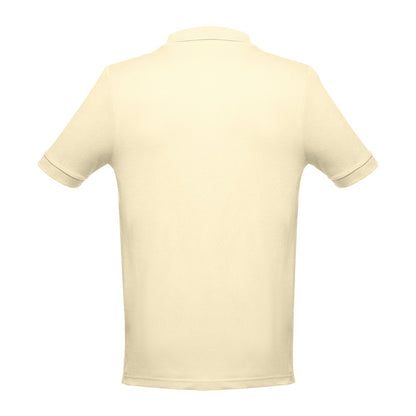 THC ADAM 3XL promotional polo shirt in pastel yellow (detail view) with custom logo branding