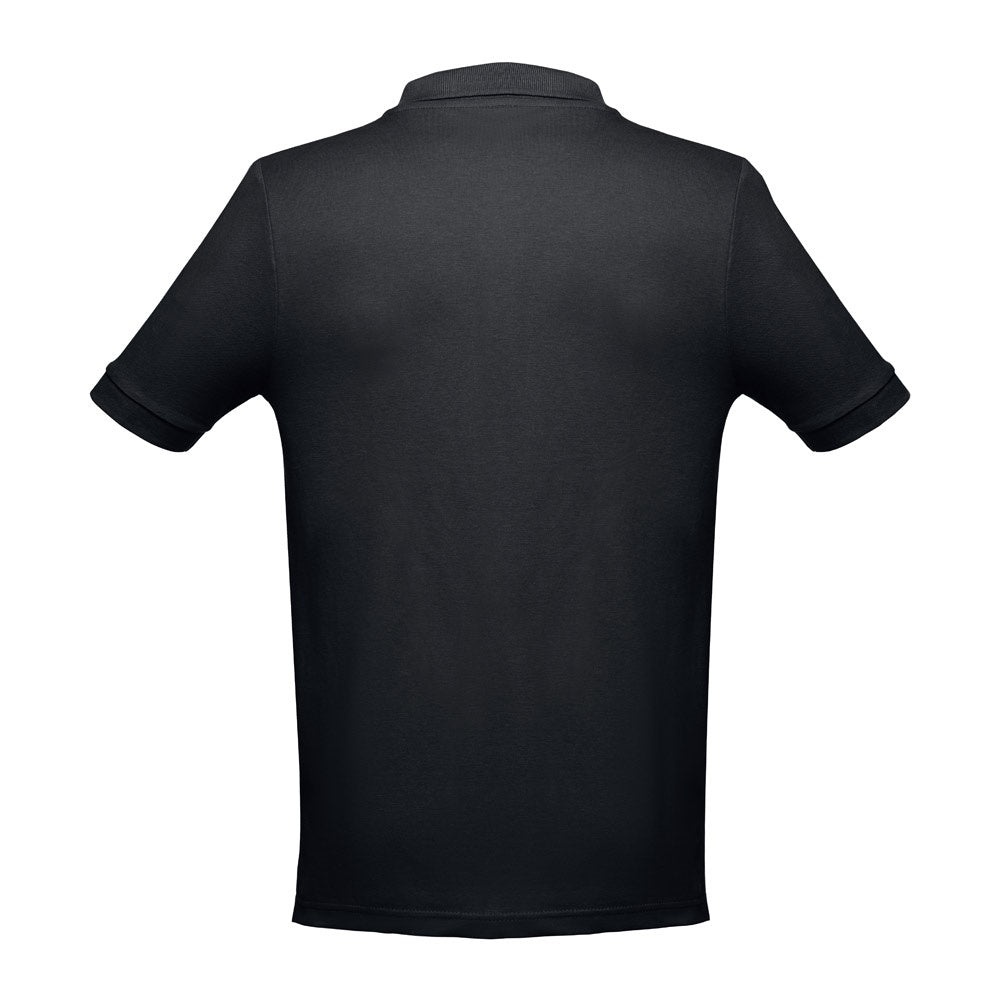 THC ADAM 3XL promotional polo shirt in eclipse blue (detail view) with custom logo branding