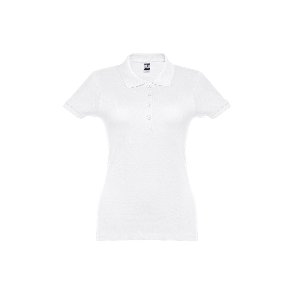 THC EVE WH promotional polo shirt in white (detail view) with custom logo branding