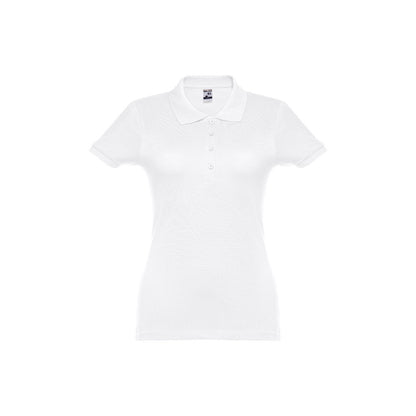 THC EVE WH promotional polo shirt in white (detail view) with custom logo branding