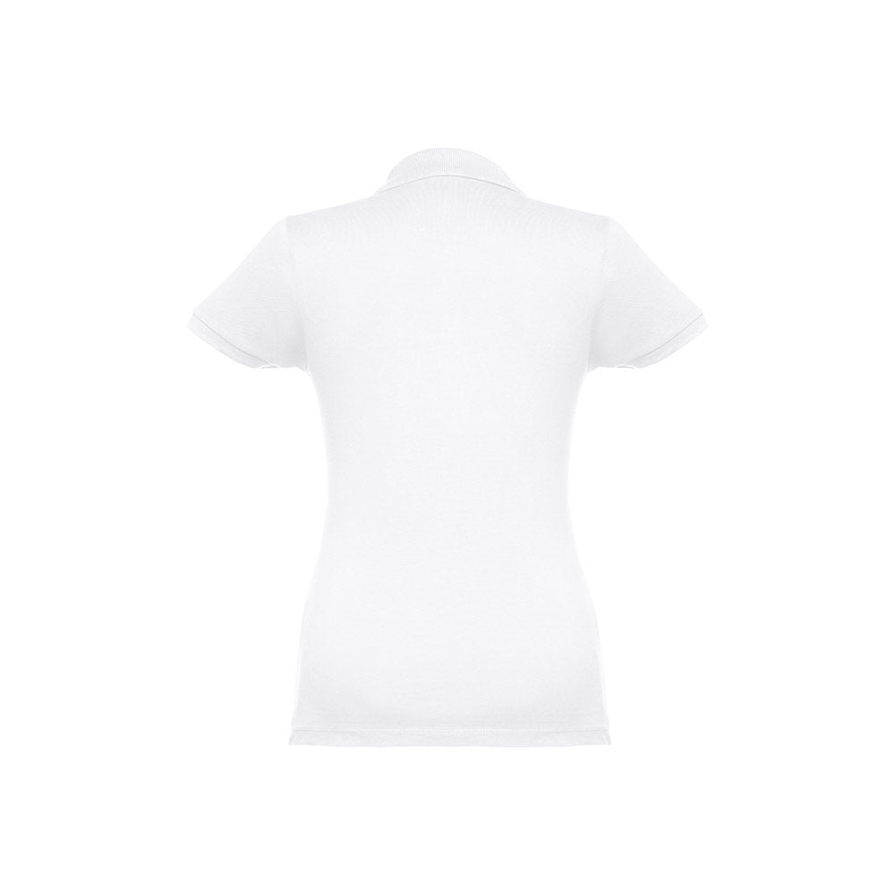 THC EVE WH promotional polo shirt in white (detail view) with custom logo branding