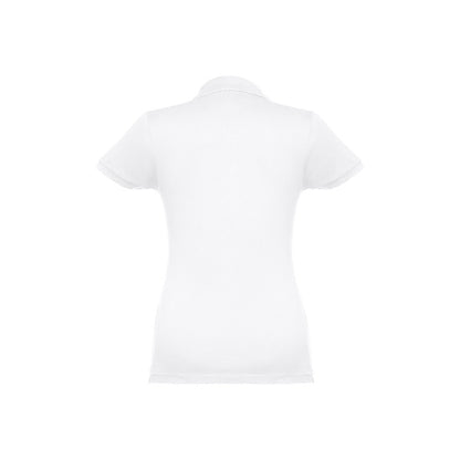 THC EVE WH promotional polo shirt in white (detail view) with custom logo branding