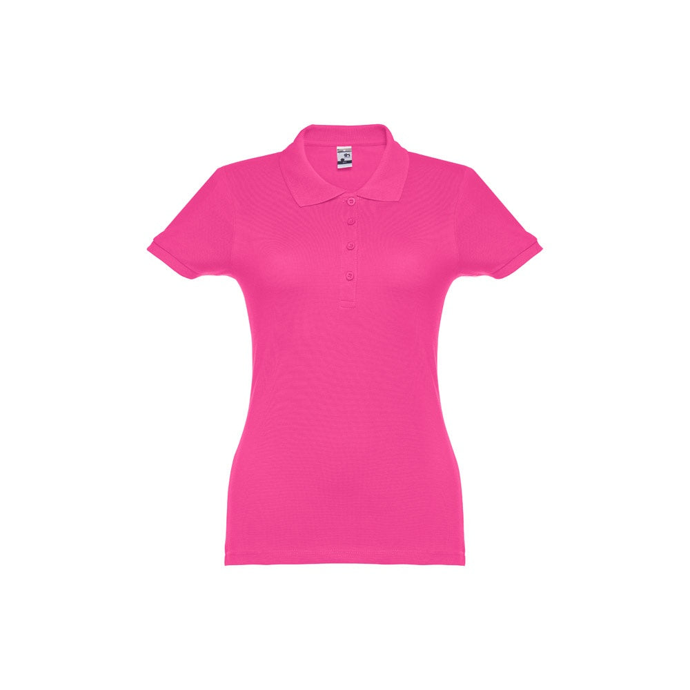 THC EVE promotional polo shirt in pink (detail view) with custom logo branding