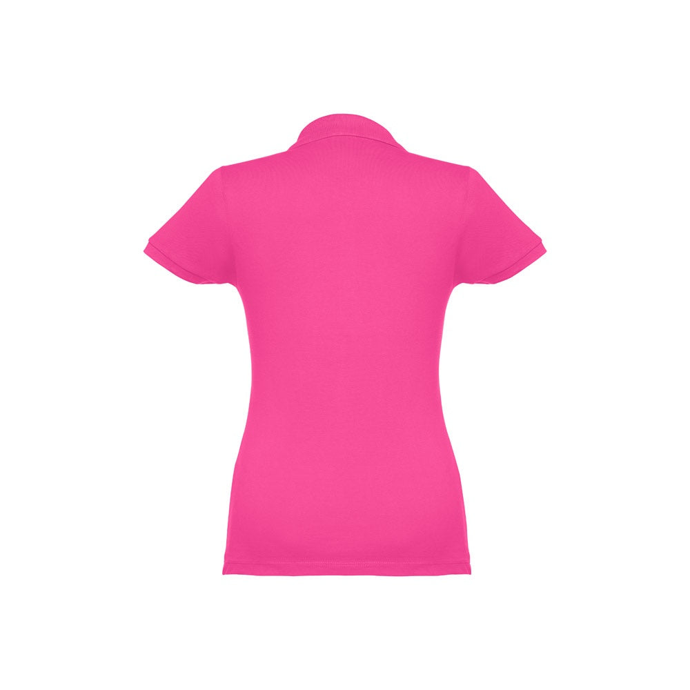 THC EVE promotional polo shirt in pink (detail view) with custom logo branding