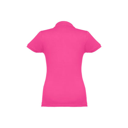 THC EVE promotional polo shirt in pink (detail view) with custom logo branding