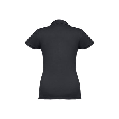 THC EVE promotional polo shirt in black (detail view) with custom logo branding