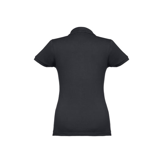 THC EVE promotional polo shirt in black (detail view) with custom logo branding