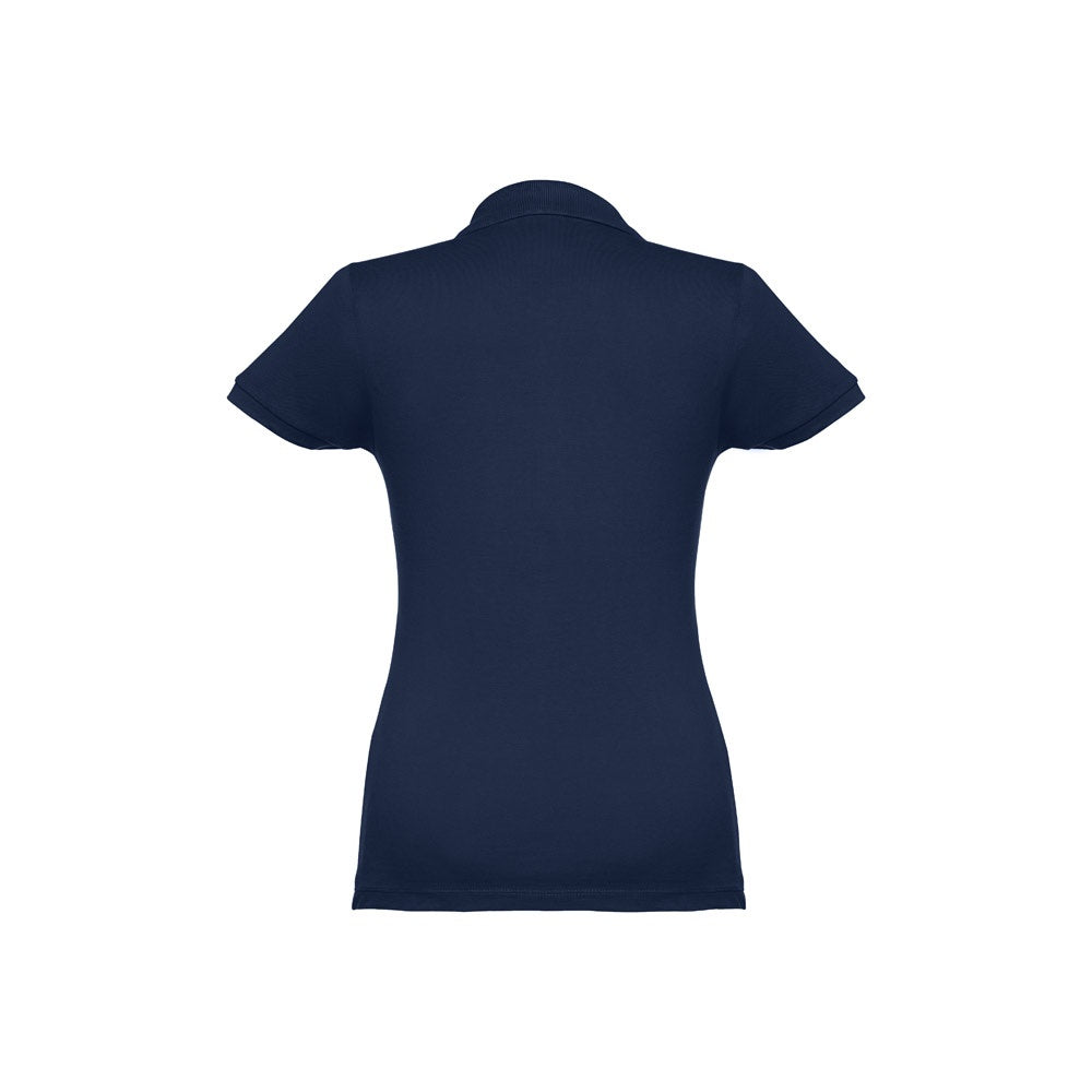 THC EVE promotional polo shirt in blue (detail view) with custom logo branding