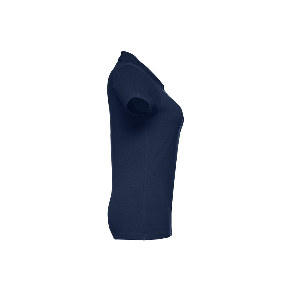THC EVE promotional polo shirt in blue (detail view) with custom logo branding