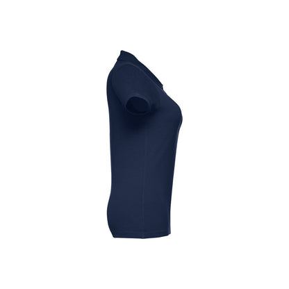 THC EVE promotional polo shirt in blue (detail view) with custom logo branding