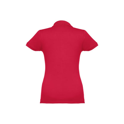 THC EVE promotional polo shirt in red (detail view) with custom logo branding