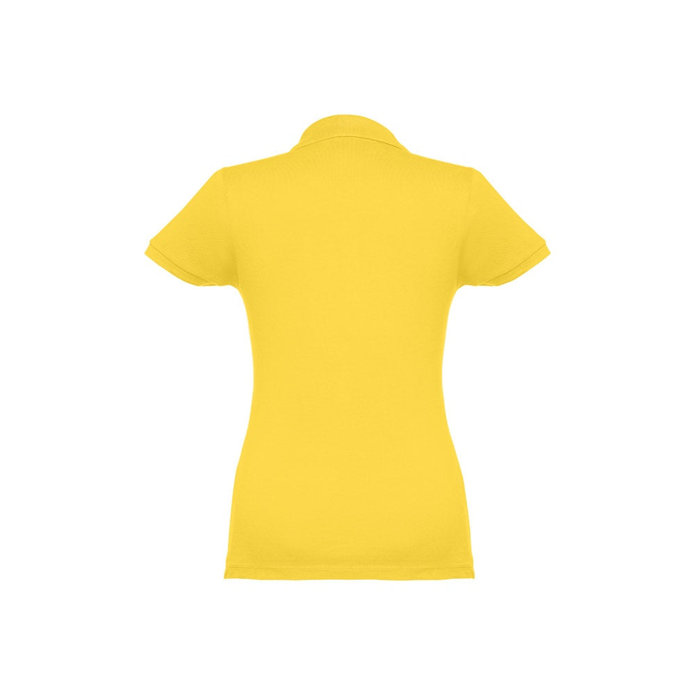 THC EVE promotional polo shirt in yellow (detail view) with custom logo branding