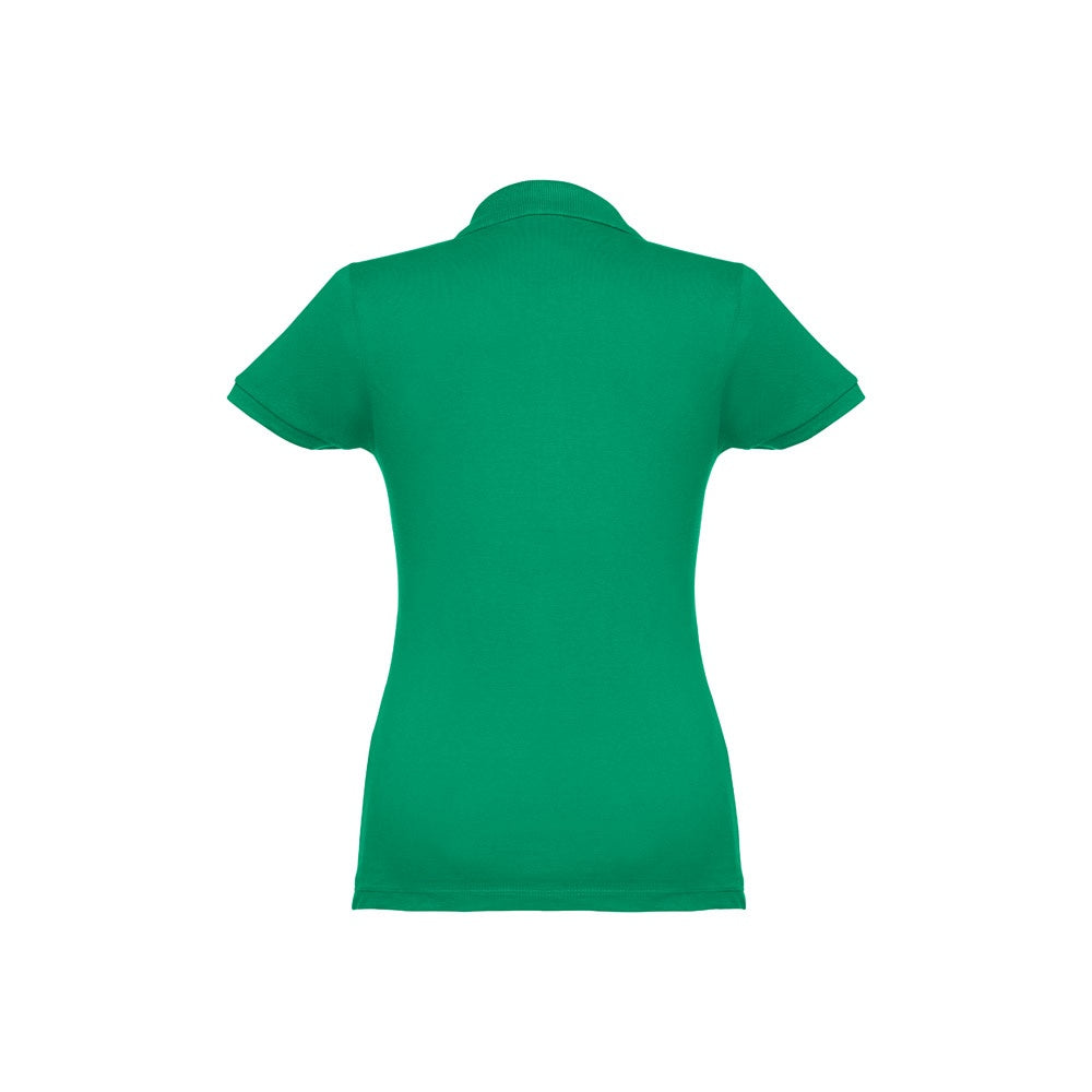 THC EVE promotional polo shirt in green (detail view) with custom logo branding