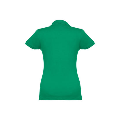 THC EVE promotional polo shirt in green (detail view) with custom logo branding