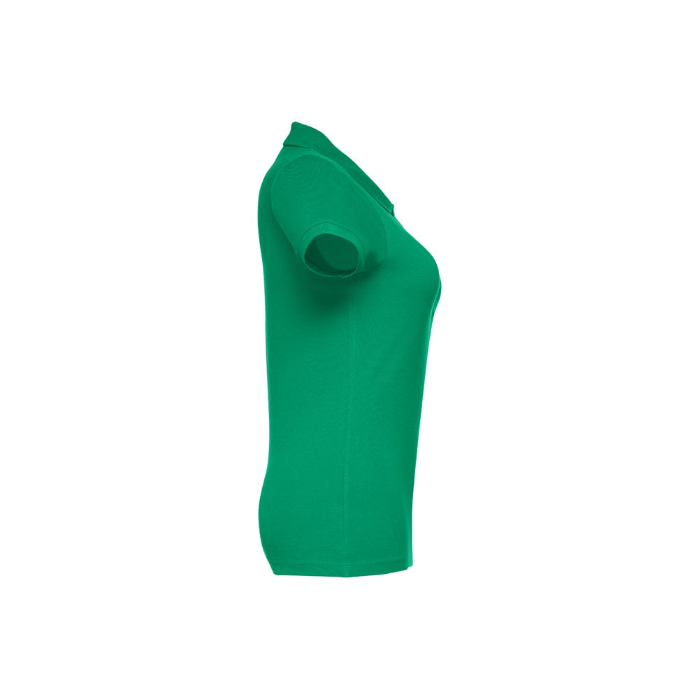 THC EVE promotional polo shirt in green (detail view) with custom logo branding