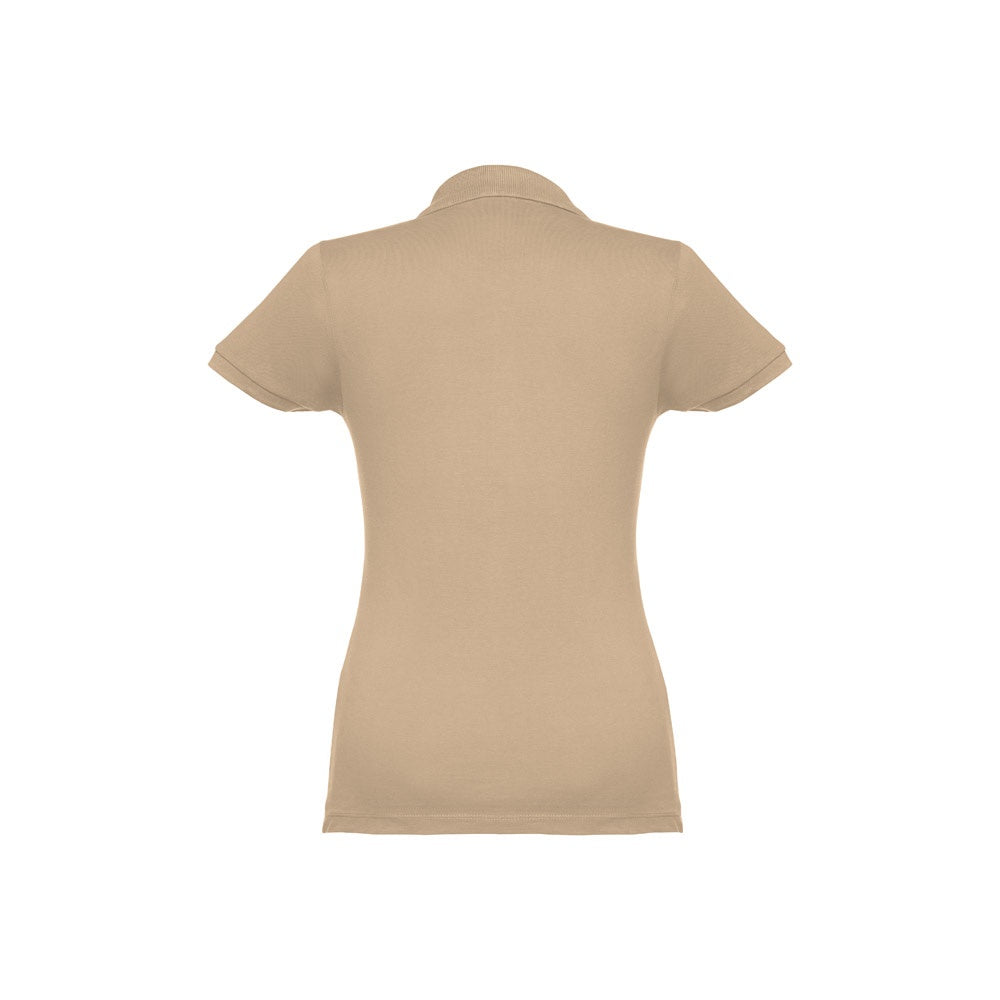 THC EVE promotional polo shirt in light brown (detail view) with custom logo branding