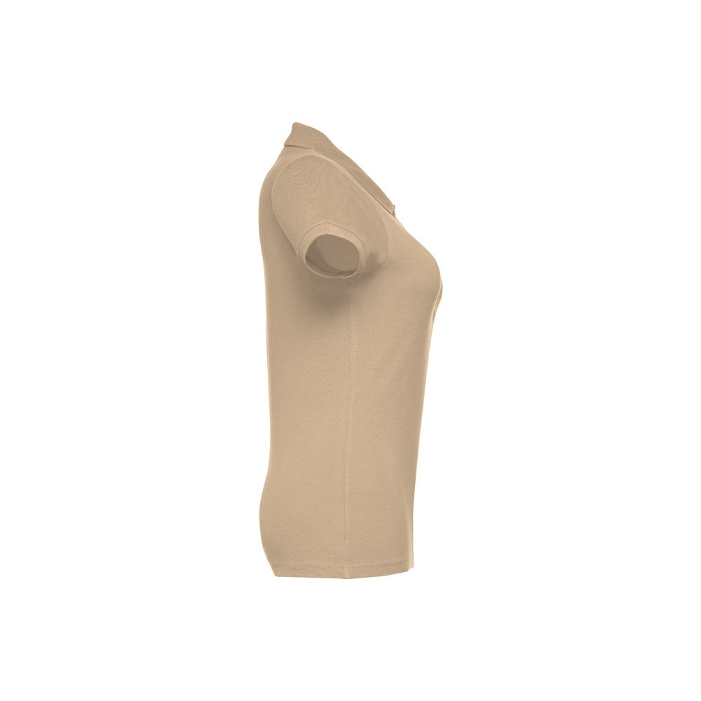THC EVE promotional polo shirt in light brown (detail view) with custom logo branding