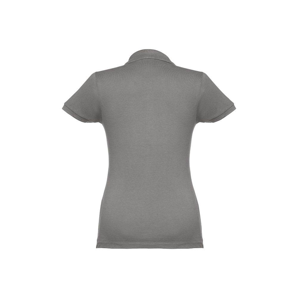 THC EVE promotional polo shirt in grey (detail view) with custom logo branding
