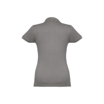 THC EVE promotional polo shirt in grey (detail view) with custom logo branding