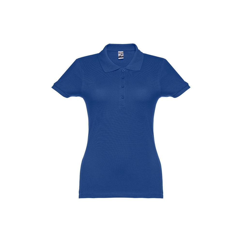 THC EVE promotional polo shirt in royal blue (detail view) with custom logo branding